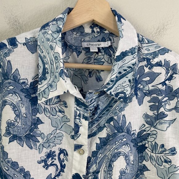 Chicos Womens 16 Blue No Iron Paisley Linen Shirt Long Sleeve Button Up Blouse - Picture 7 of 12